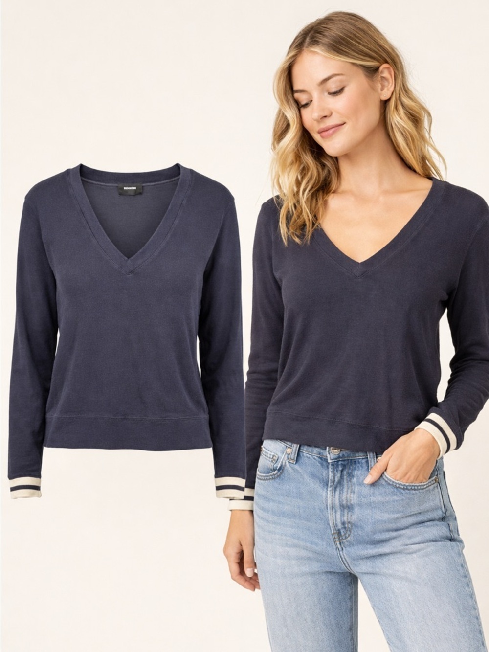 MONROW | Navy Blue V-Neck Pullover Sweatshirt | Cropped | Rayon Blend | XS